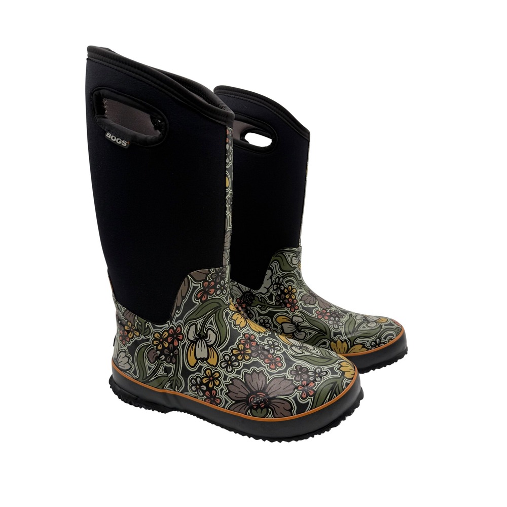 Bogs Classic High Rain Boots Womens 9 Black Floral Excellent Waterproof Boot